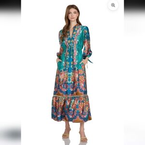 Teal Floral V-Neck Long Sleeve Maxi Dress